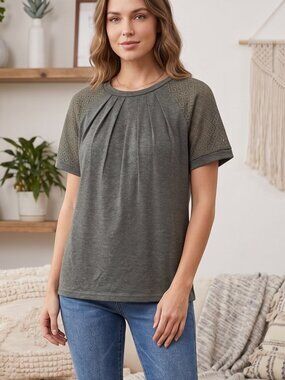 NWT | Kirundo Olive Green Pleated Bodice Top Crochet Lace Sleeves Large
